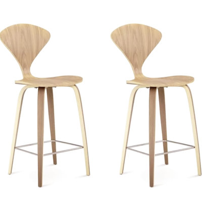 De deux tabourets de comptoir avec placage de chêne, matériau principal en contreplaqué, finition en placage à base d'huile, sièges de feu, poids de 10 lb, largeur de 18 po en tissu naturel et revêtement rembourré, profondeur de 21,5 po, hauteur de 38,5 po