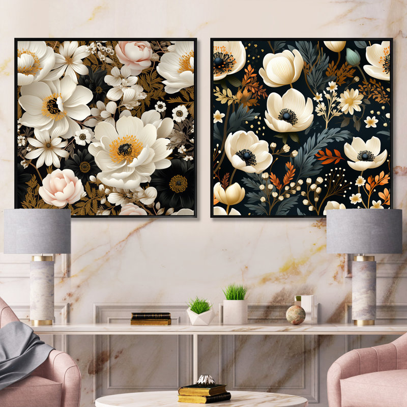 Savoy - Ensemble de 2 collages floraux carrés, H 30 po x l 61 po, Cadre flottant noir