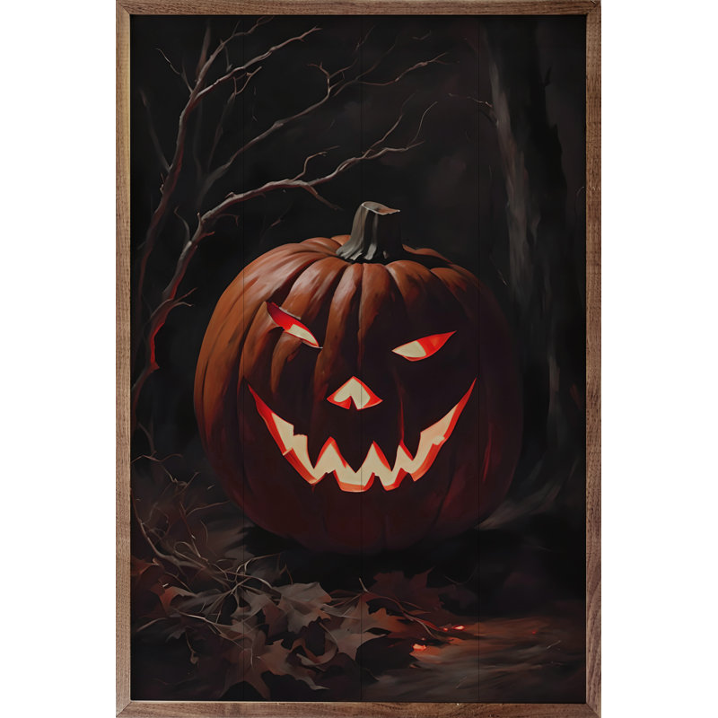 «Haunted Pumpkin At Night» sur bois, H 24 po x l 16 po