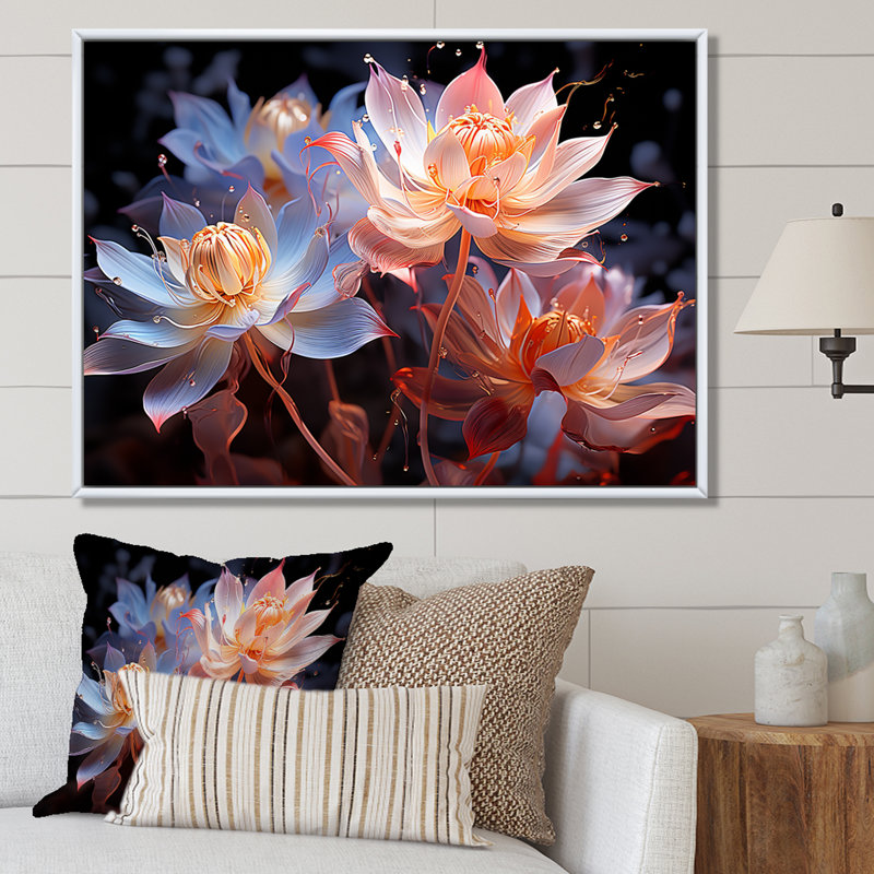 «Beautiful Rainy Lotus Dance III», reproduction sur toile, Cadre flottant blanc, H 24 po x l 32 po x P 1 po