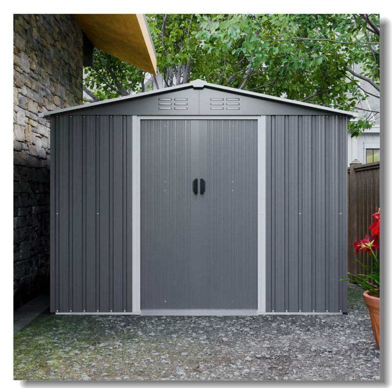 Remise de rangement pour outils 8 x 6 pi avec fondation en métal et portes verrouillables, remise en métal toutes saisons pour le jardin, le patio, la cour, la pelouse, gris
