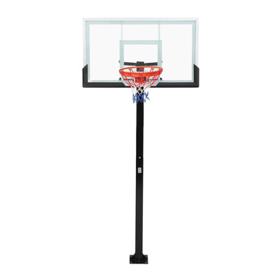 55" Adjustable in-Ground Basketball Hoop with Tempered Glass Backboard, 8–10 Ft Height, Family-Safe Dual-Option Base, Rust-Resistant Outdoor System