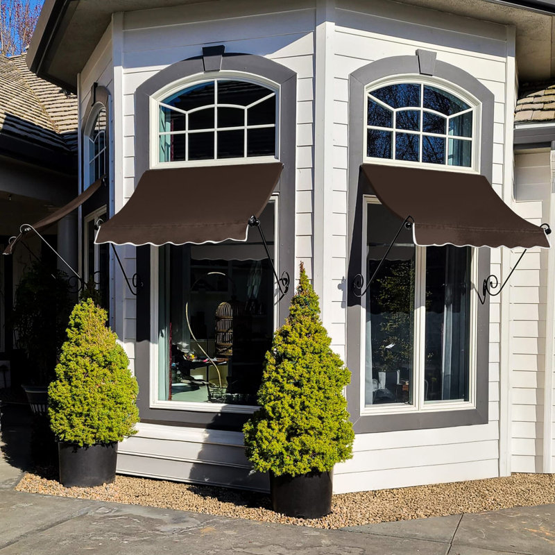 Awntech Charleston Acrylic Fabric Awning with Iron Scroll Arms, Brown, 24" H x 124.5" W x 36" D