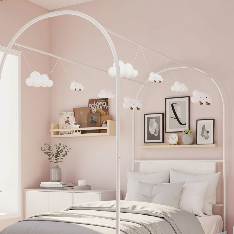 Twin Canopy Bed Frame, With Upholstered Headboard, White