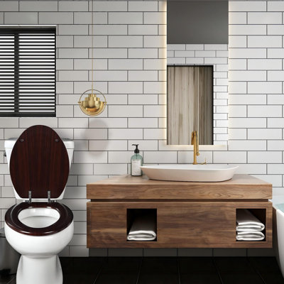 Siège de toilette en bois avec charnières en alliage de zinc (allongé, brun foncé), siège de toilette allongé, butoirs anti-pincement, charnières réglables, facile à installer et à nettoyer