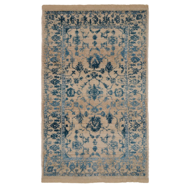 TAPIS EN POLYESTER MACHINE - 1 pi 8 po x 2 pi 10 po, de forme rectangulaire, de couleur bleu ivoire, de style oriental traditionnel classique, de tapis à poils courts fabriqués à la machine