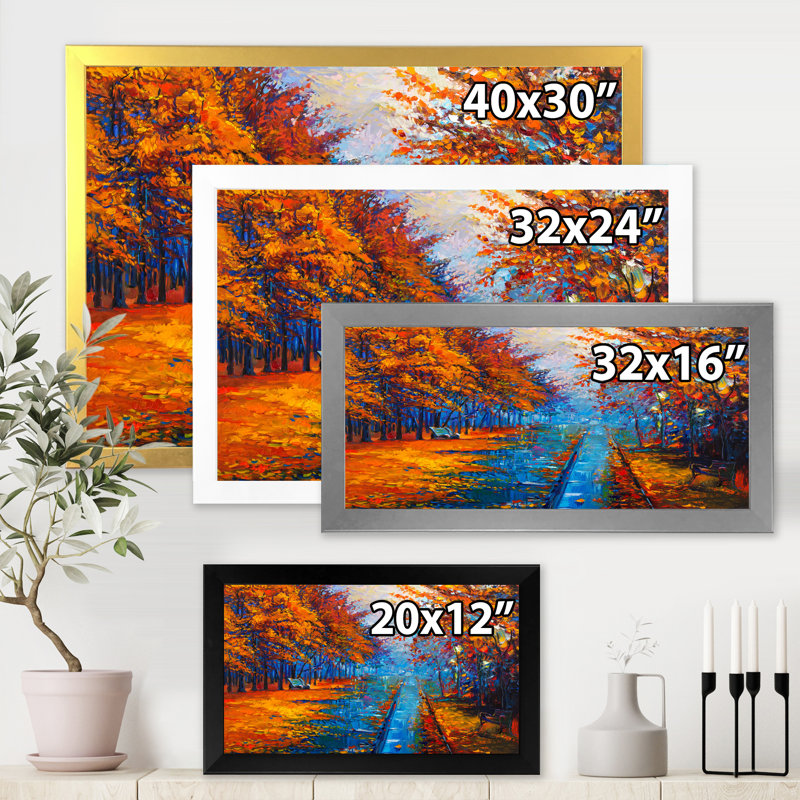 «Little Road Through Orange Autumn Landscape II», peinture sur toile, H 30 po x l 40 po x 1,5 po, Cadre photo noir