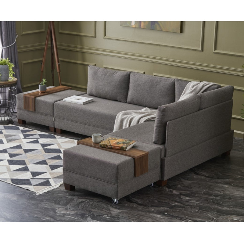 Canapé-lit et chaise longue 82,7 po Haleah, 100 % polyester brun, Accoudoir à gauche (vu de face)
