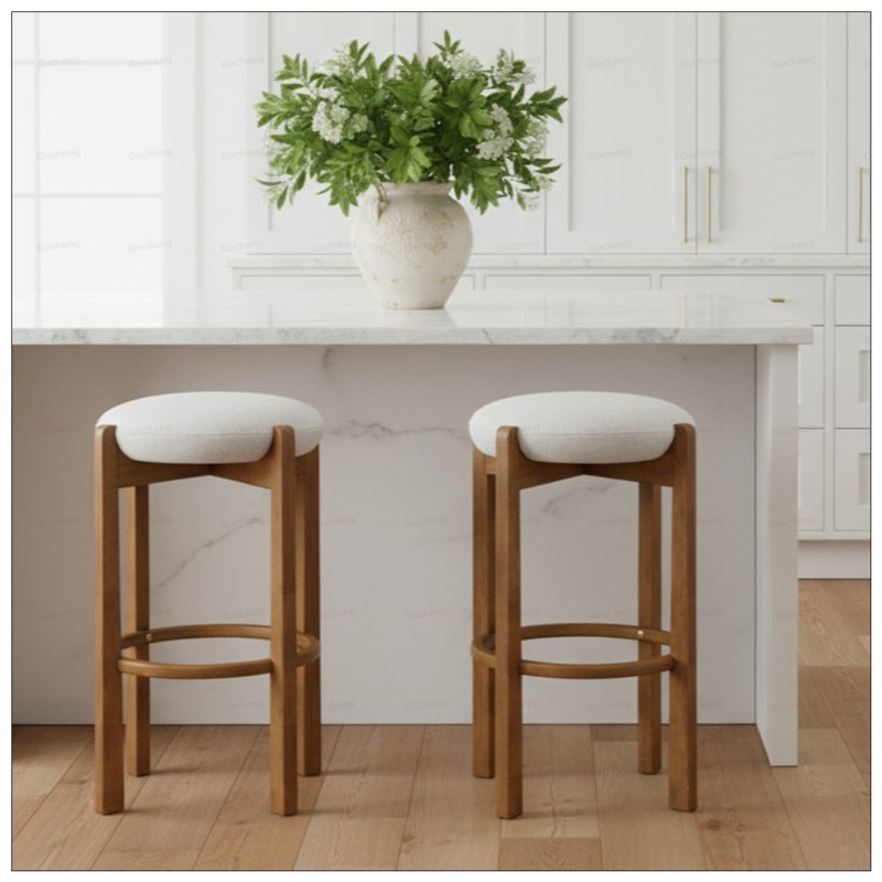Tabouret d'intérieur rembourré en bois avec finition noyer et coussin ivoire, pour espaces modernes et compacts, Noyer, 2