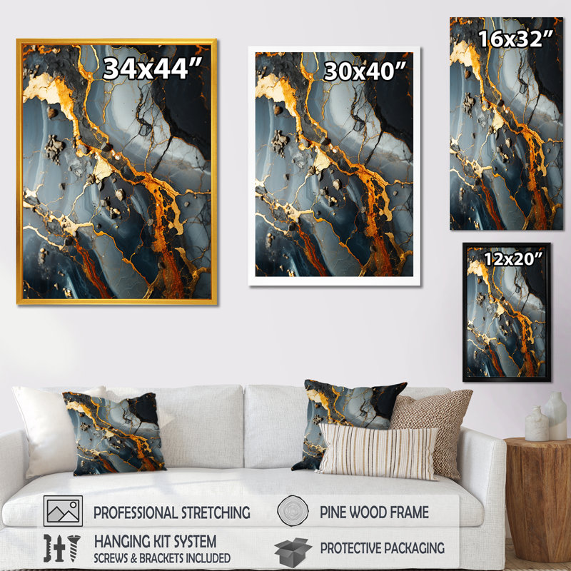Gris et or abstrait marbre granit II - reproduction d'art abstrait mural, Toile tendue, H 44 po x l 34 po x P 1,5 po
