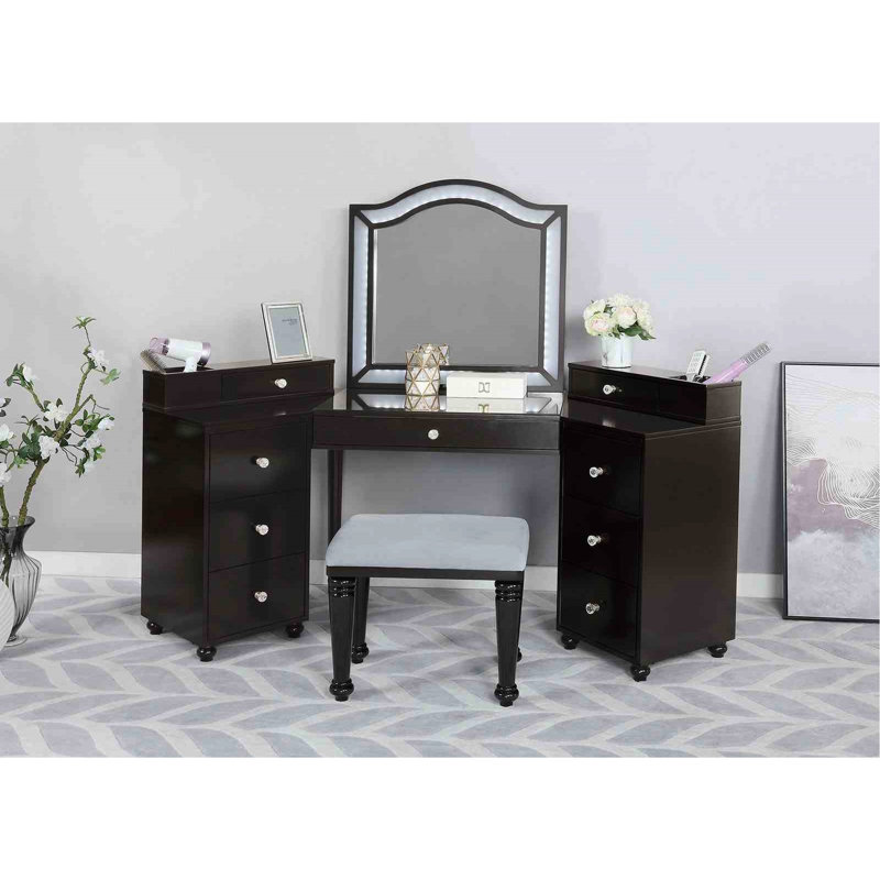 Coiffeuse avec tabouret, verre trempé de 8 mm, miroir à DEL, tiroirs de rangement, finition grise pour le style de chambre à coucher sur plusieurs tiroirs