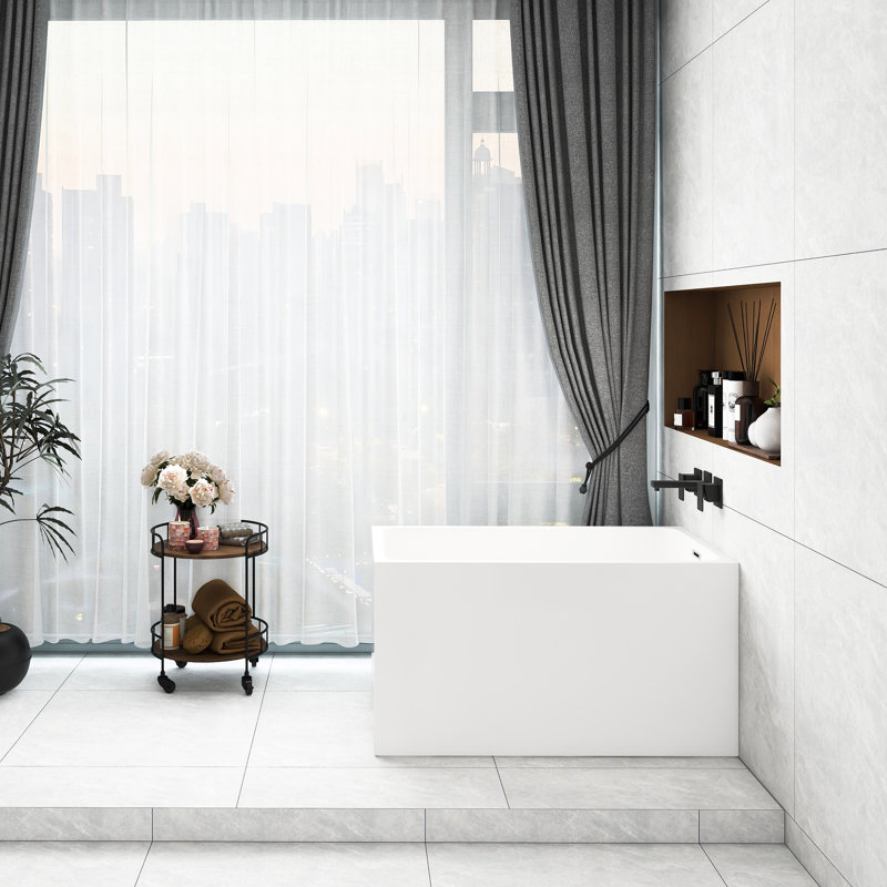 47-Inch Gloss White Acrylic Rectangle Freestanding Bathtub With  Pedestal, Equipped With Chrome Overflow And Pop-Up Drain