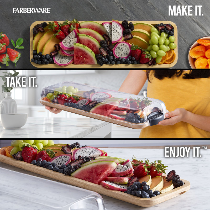 Farberware Large Build-a-Board Bamboo Serving Platter, Long Rectangle Portable Snack Box with Clear BPA-Free Lid and Black Locking Handles; 17.5 x 56cm
