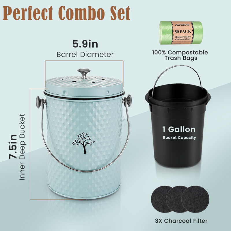 Comptoir de composteur de cuisine, bac à compost sans odeur avec couvercle et sacs de compost, seau à compost, Bleu