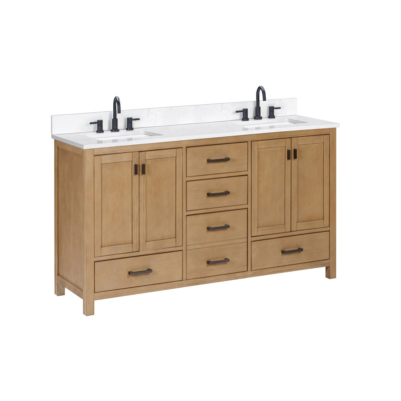 Meuble-lavabo double 60 po avec plateau Souther, Blanc cala, Chêne brossé, Noir