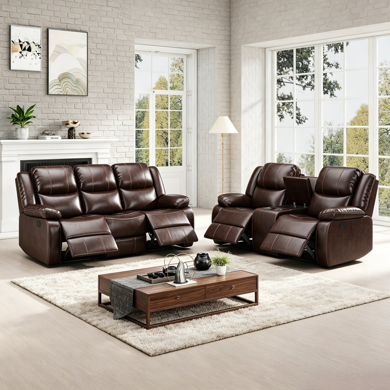 Kamarli Leather Manual Reclining Living Room Set, Brown