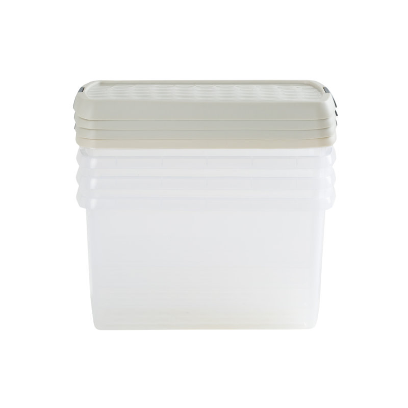 Wham Clip 4x 7L Rectangular Plastic Storage Boxes with Secure Clip Lock Lids. L:39 x W:24 x H:10.5cm Clear/Green Milieu/Stone