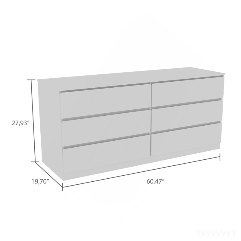 Commode double 6 tiroirs, plateau supérieur, blanc, Blanc