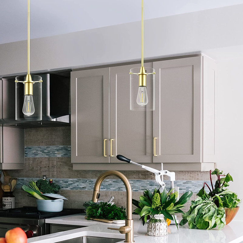 Luminaire suspendu cylindrique à 1 lumière Angelina, Satin Brass, Medium Shade, Clear