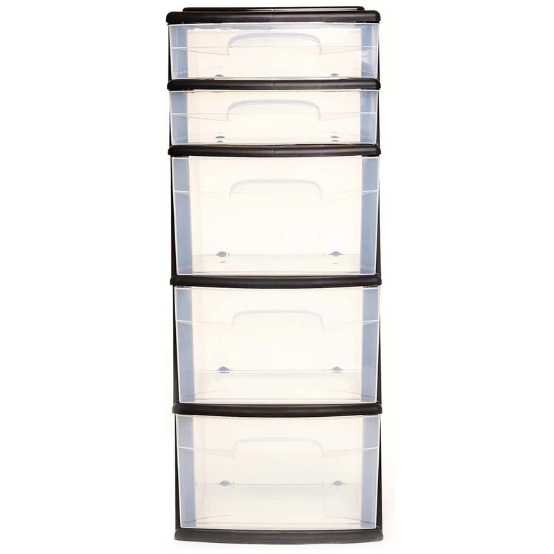 Black and Clear Plastic 5-Drawer Storage Tower