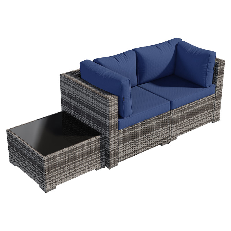 3 -Person Rattan Patio Safo With Cushions, Gray, Dark Blue