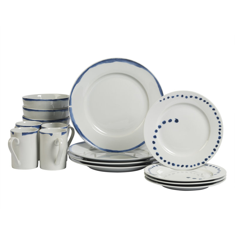 Isla White and Blue Porcelain 16-Piece Dinnerware Set