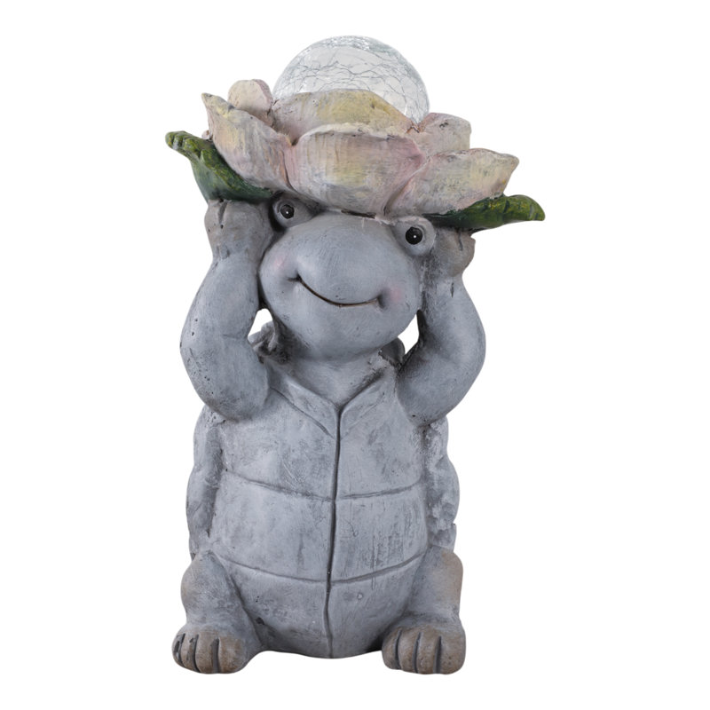 Garden Statuary Magnesia Turtle Design With Flower Cap And Crackled Glass Globe Light For Home Garden Use - 15" Gray