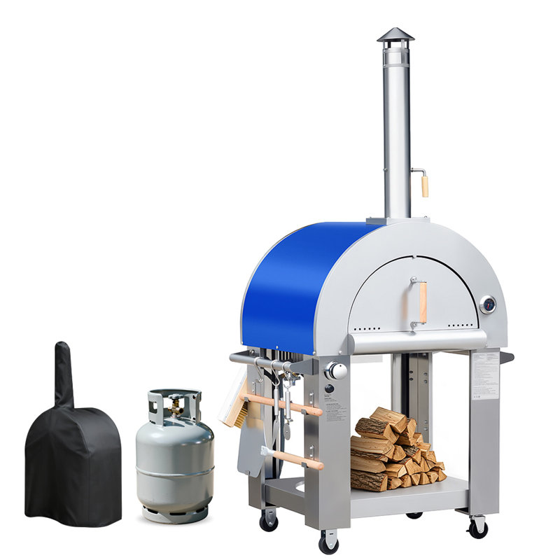 KOSTCH 32.5 inch Wood Fired and Propane Gas Pizza Oven with Cover, Large Pizza Oven for Outside, Yard and Party with Cover, Blue