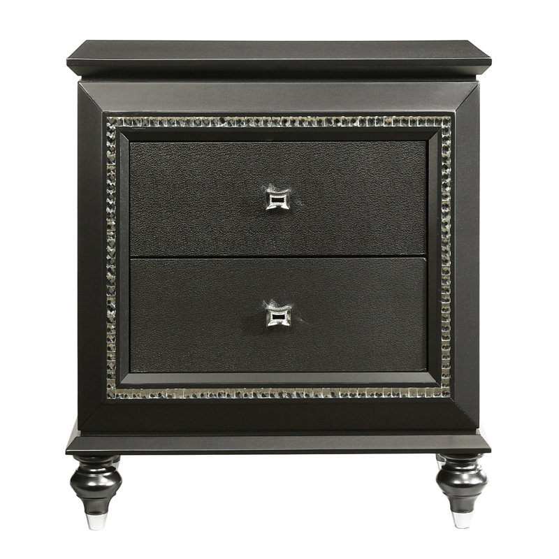 Table de chevet grise à deux tiroirs - Pièce de chambre à coucher moderne avec finition et arrêts métalliques, garniture étincelante et 2 rangements pratiques