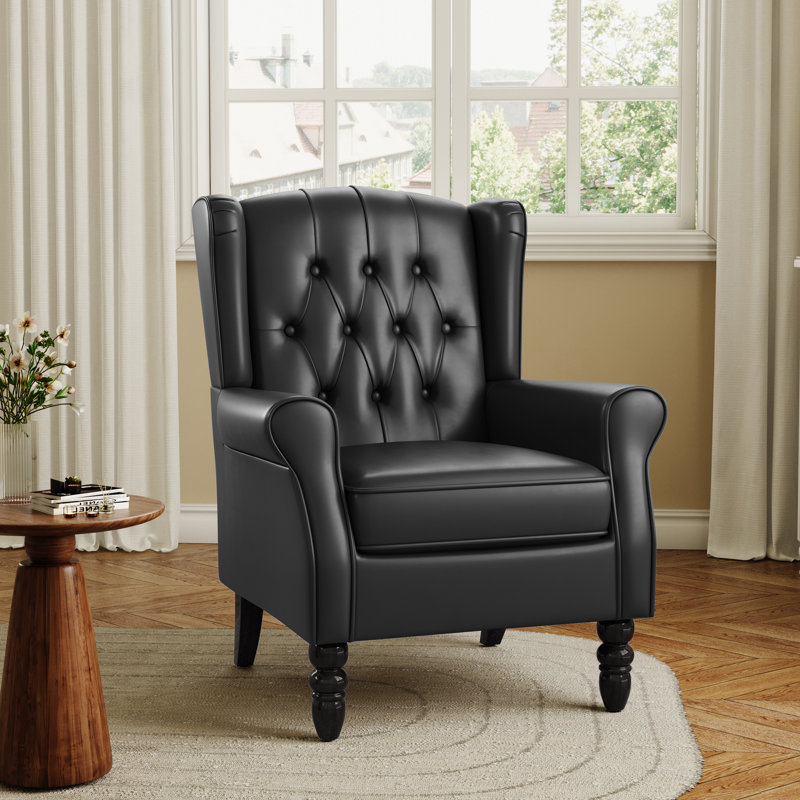 Duward Faux Leather Black Button Tufted Wingback Accent Chair with Rolled Arm and Thick Padded Cushion, Black Faux Leather