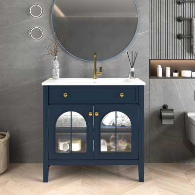 Meuble-lavabo bleu 35,6 po avec vitre, bande de capteur de mouvement automatique, 2 armoires, autoportant, style médiéval, lavabo intégré, construction et installation rapide d'évier de salle de bain Mid-Century activé