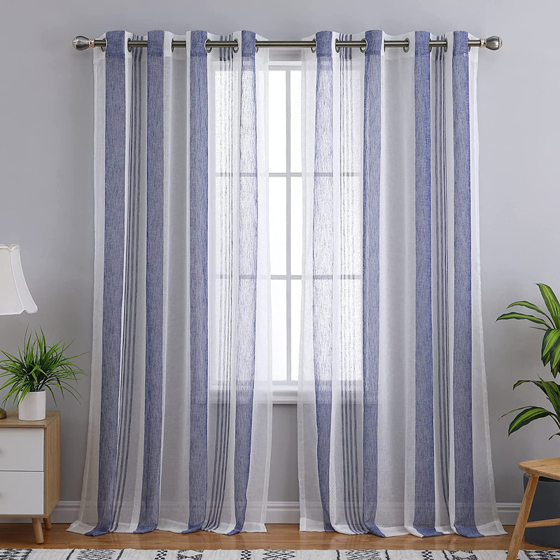 Rideaux en lin Torosian, Bleu marine / blanc, L 52 po x L 63 po