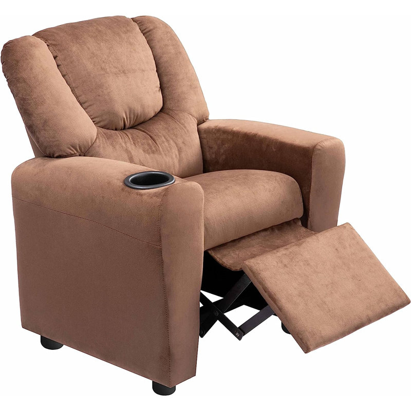 Roomy Kids' Recliner Chair with Cup Holder, Toddler Recliner With Push-Back Design, and Adjustable Footrest, Brown Microfiber