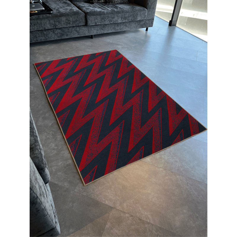 Tapis décoratif moderne à motif géométrique rouge, bleu marine et zigzag, Rectangle 5 pi x 6 pi 7 po