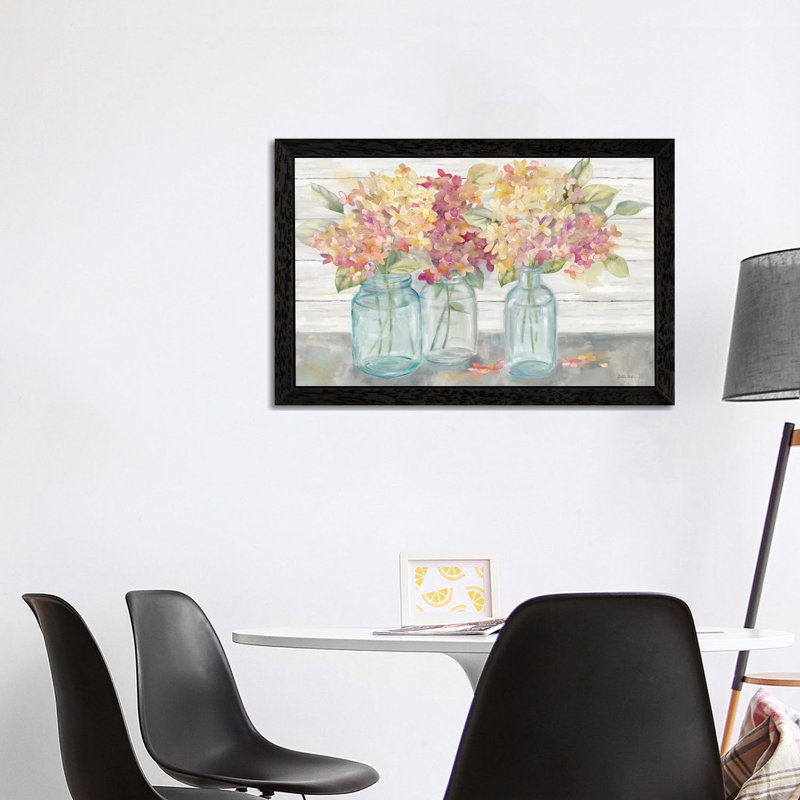 Farmhouse Hydrangeas In Mason Jars Spice - Gather by Cynthia Coulter - Painting on Canvas, Black Floater Framed