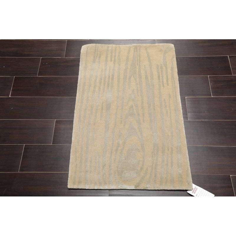 Tapis beige / gris en laine et soie noués à la main 2 po x 3 po Oriental