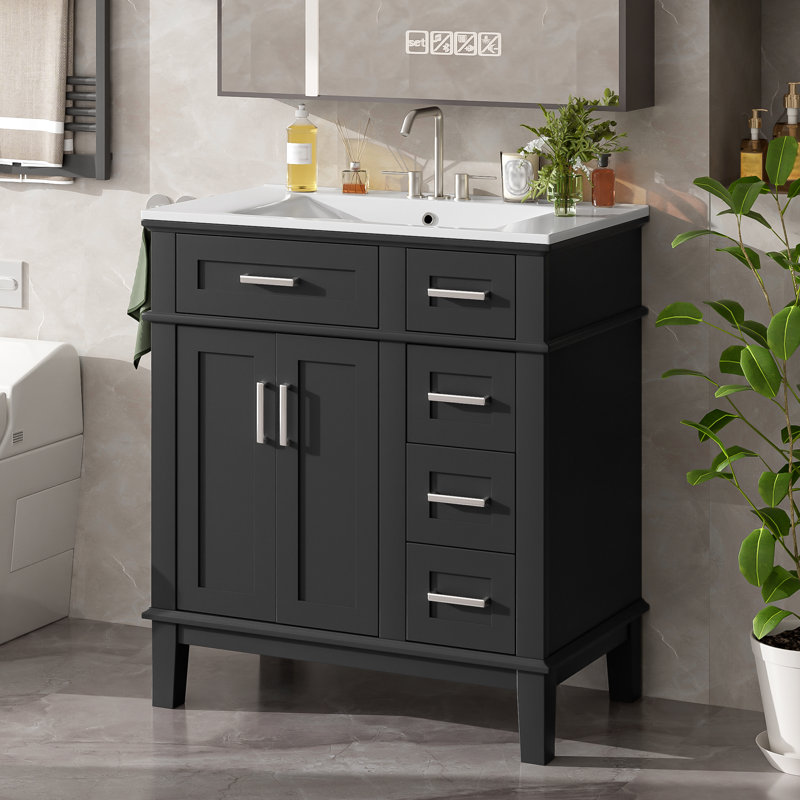 30" Single Bathroom Vanity With Ceramic Top, Black, Silver