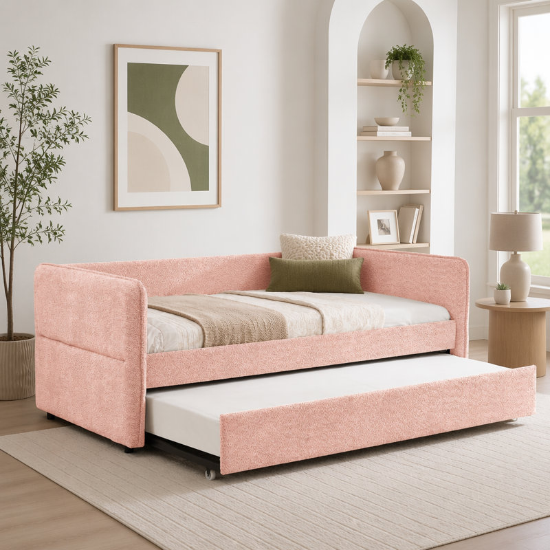 Lit de jour avec lit gigogne escamotable, lit tapissier pour chambre à coucher, Lit simple, Rose