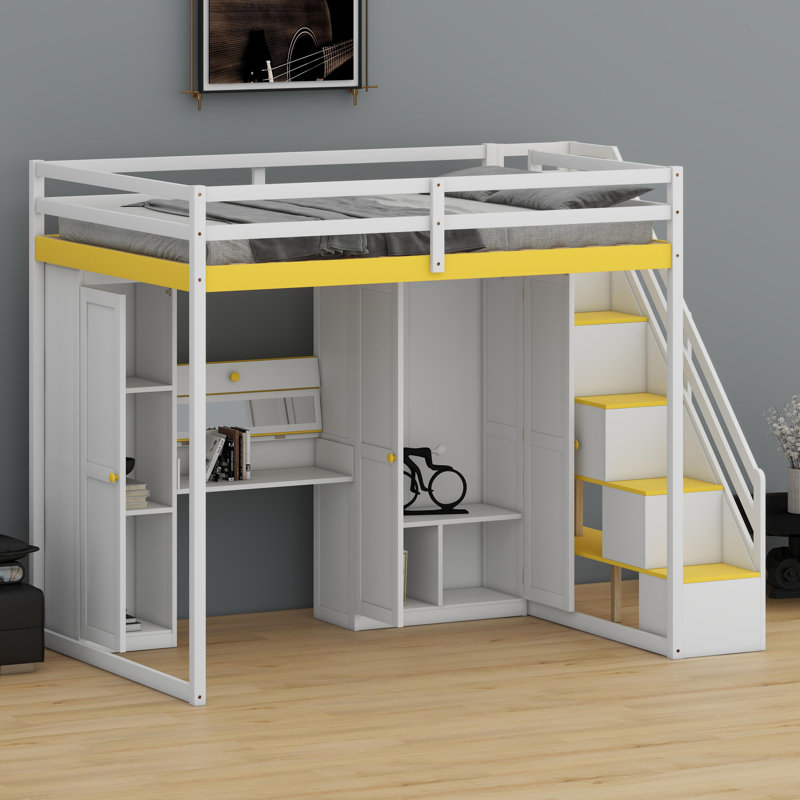 Lit mezzanine multifonctionnel avec rangement pour escalier, commode intégrée, armoire, armoires, prises USB et éclairage ambiant