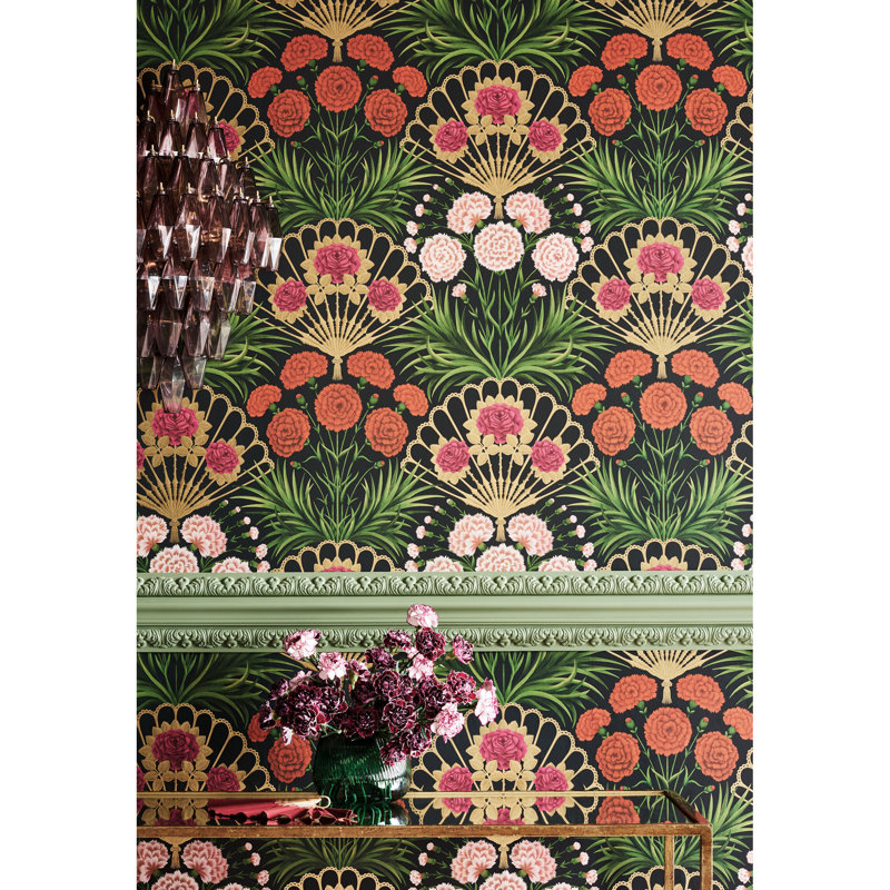 Floral Wallpaper Roll, Cerise/Dark Tangerine/Gold/Black