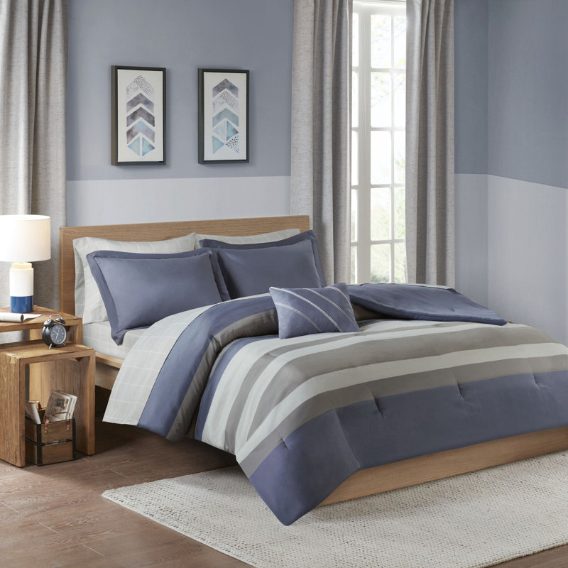 Queen Blue Microfiber Striped Comforter Set with Sheets