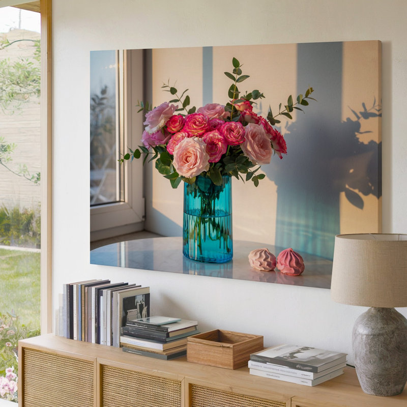 Toile dans un intérieur lumineux et aéré, superbe vase d'art mural en verre bleu avec un motif à nervures élégamment rempli de rose délicat pour l'art mural sur toile