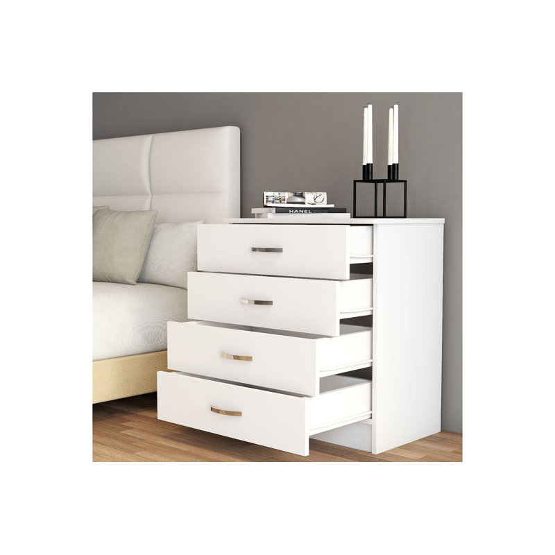 Commode moderne avec 4 tiroirs, finition blanche, 28,3 po x 31,7 po x 17,5 po | 100% panneau de particules enduit de mélamine, épaisseur: 0,7 pouce | Nombreuses tablettes pour un rangement supplémentaire, design élégant et fonctionnel pour toute chambre à coucher