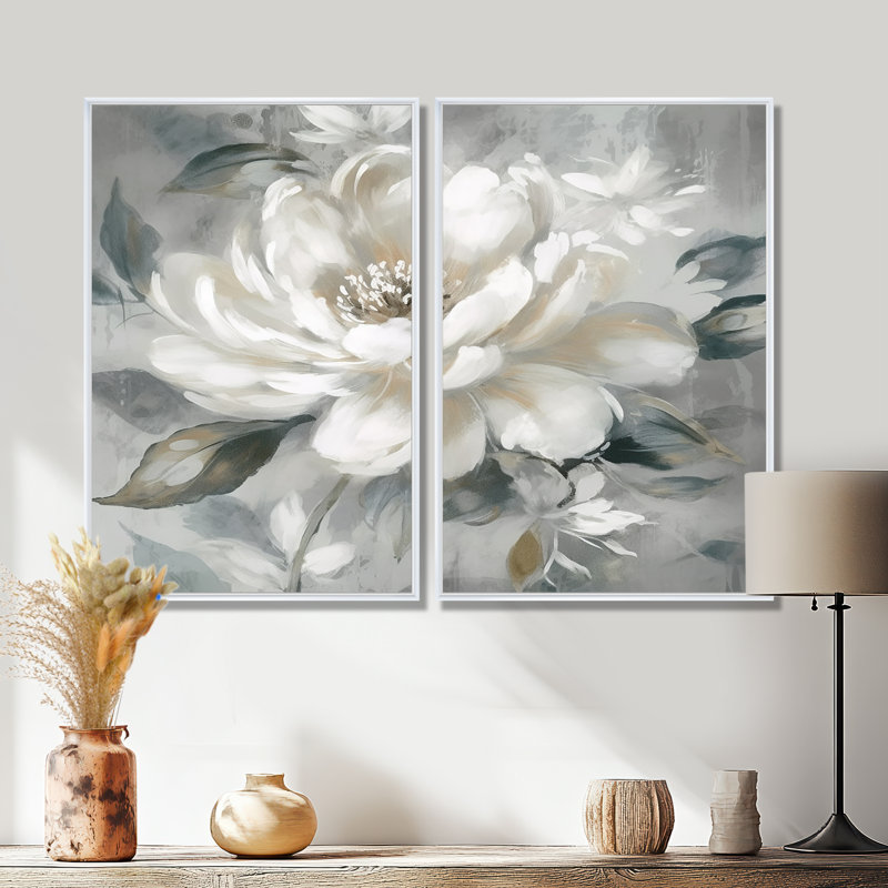 Louvière - pivoines florales, art mural, 36" H x 48" W, Impression encadrée flottante, White