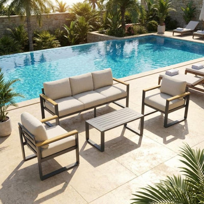 All-Weather Aluminum Patio Sofa Set, 4-Piece Conversation Set with 3-Seat Sofa, Coffee Table & Thick Washable Cushions for Balcony, Garden, Deck, Backyard, Beige