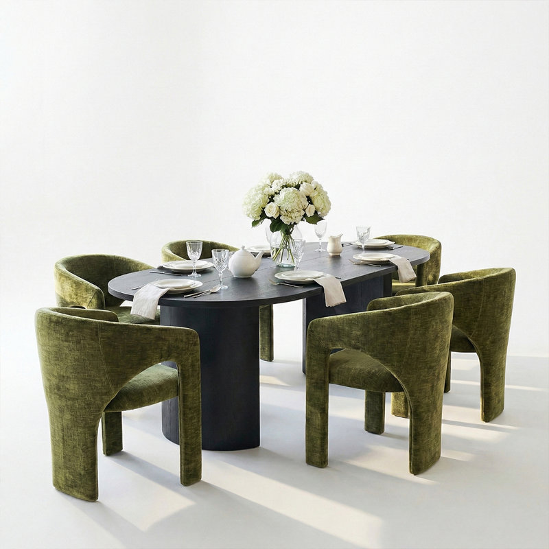 Ensemble de salle à manger 7 pièces moderne avec table à piédestal ovale noire de 79 po et 6 fauteuils sculpturaux à large siège