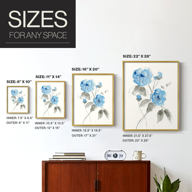 Sketchy Blue III Framed Print - Solid Wood, Gold, 14" H x 11" W
