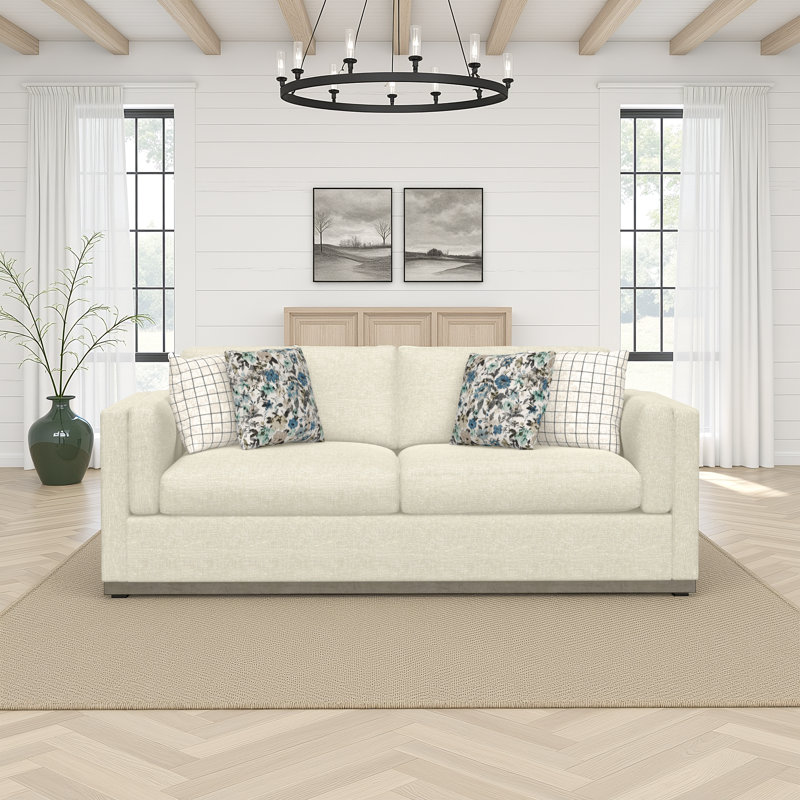 Canapé de couleur crème de 91 po avec une base en bois gris Icare, H 35,25 po x l 72,8 po x P 38,6 po