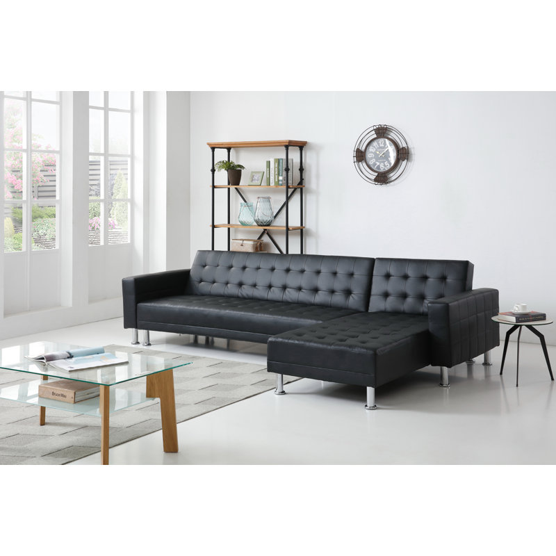 Laux Faux Leather L-Shaped Sectional Reversible, Black Faux Leather