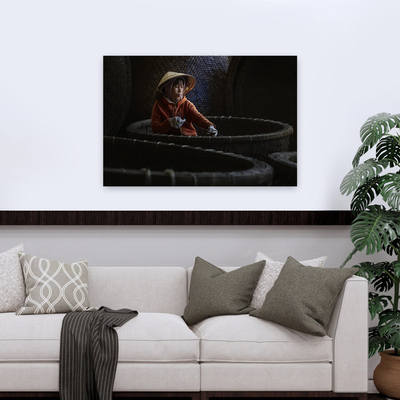 Art mural vietnamien traditionnel tissé serein, 32" H x 48" W